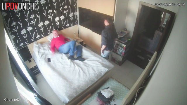 A lustful young brunette got into bed with an older man without any panties on