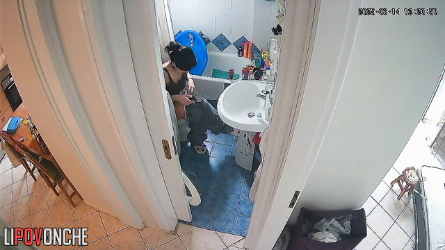 After cleaning the apartment, the cute brunette bares her sexy ass in the restroom
