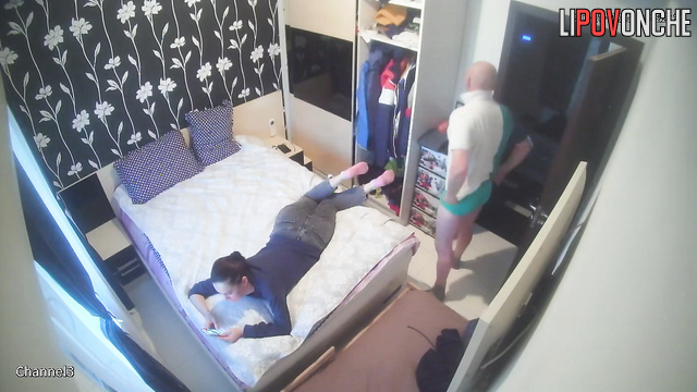 A bald older man takes off his underpants to seduce his young wife with his bare cock