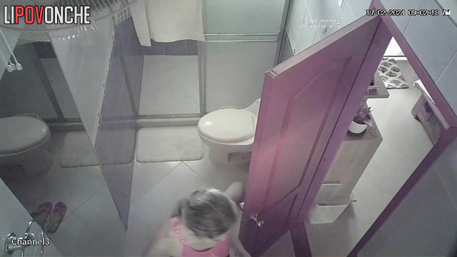 Long-haired blonde peeing and chatting with her fucker