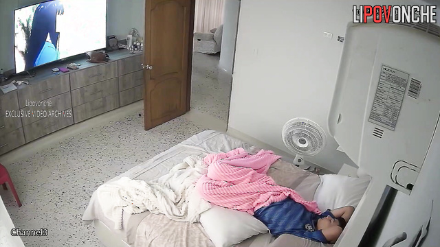 Brunette gets completely naked while her lover sleeps after sex