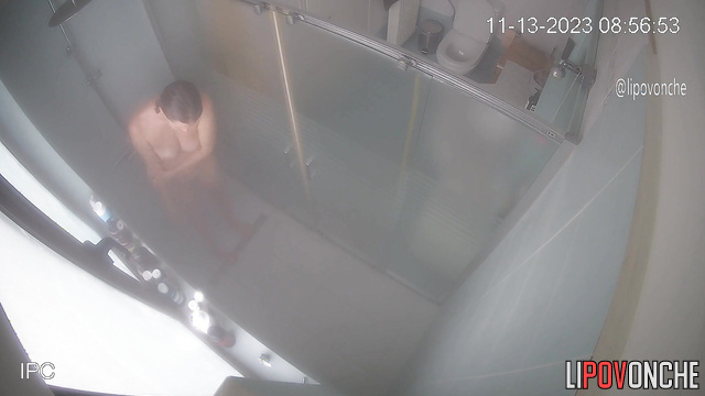 A sexy naked wife kicks her bearded husband out of the bathroom