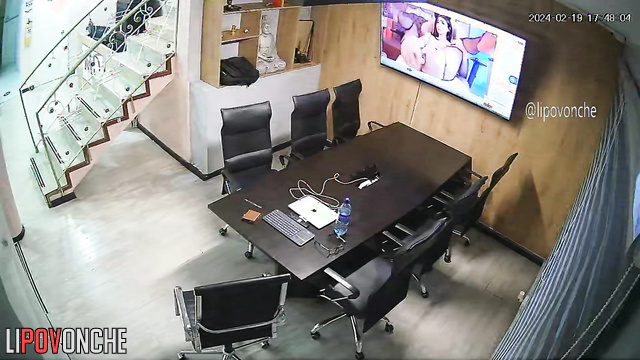 A busty actress is being interviewed for a job during a live porn broadcast on TV