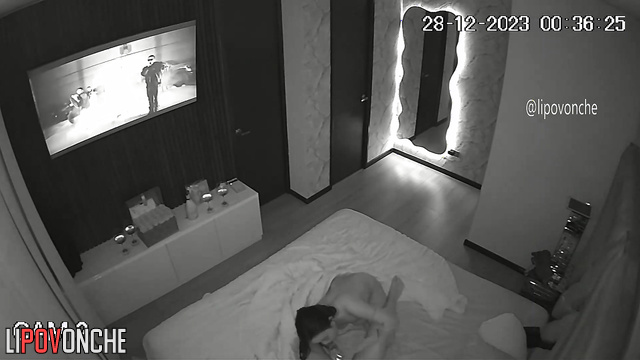 Two gorgeous lesbians are drinking wine in bed and having hot sex
