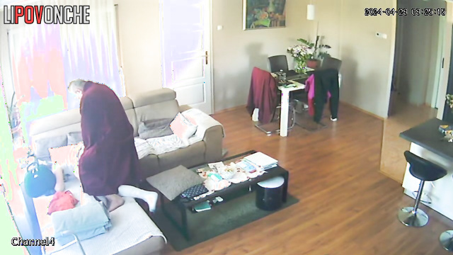 Husband fucked her right in her terry robe, spy cam