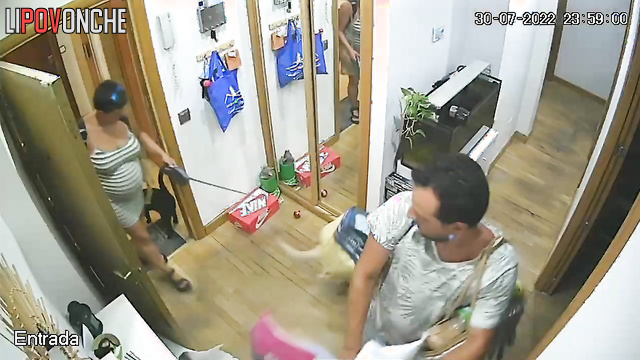 An ordinary family's routine in the corridor, spy cam