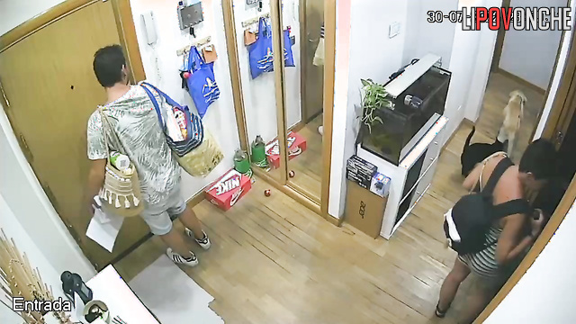An ordinary family's routine in the corridor, spy cam