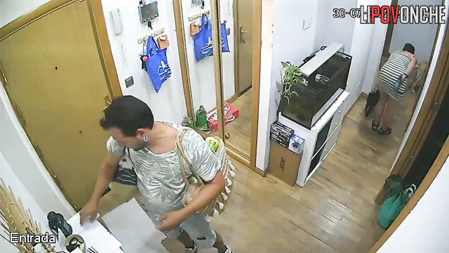 An ordinary family's routine in the corridor, spy cam