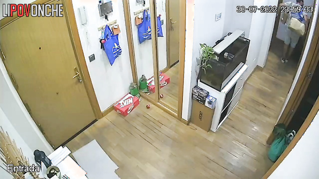 An ordinary family's routine in the corridor, spy cam