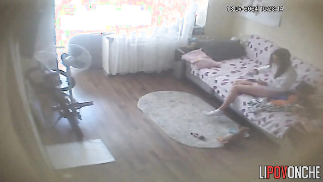 Young skinny brunette playing with her fluffy friends