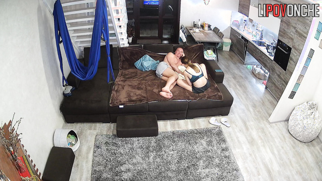 Man enjoying shadow boxing naked / living room cam