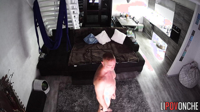 Man enjoying shadow boxing naked / living room cam