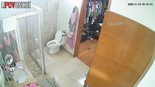 She takes shower and doesn't know that everyone can see it