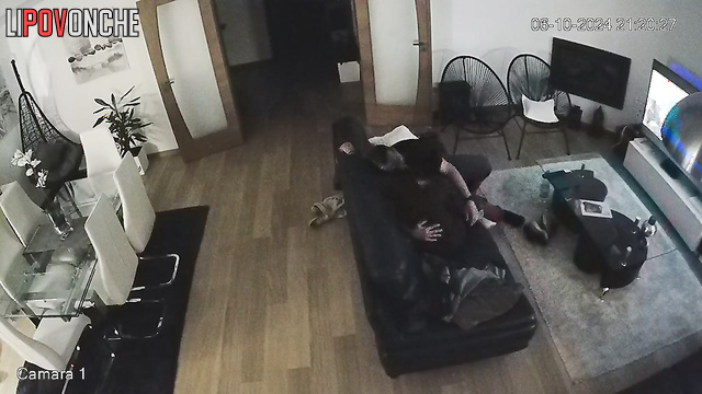 Hot blowjob during tv watching on the cozy sofa, look