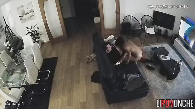 Hot blowjob during tv watching on the cozy sofa, look