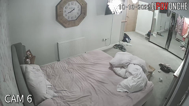A nerd strokes his small cock alone while his wife is out of the room