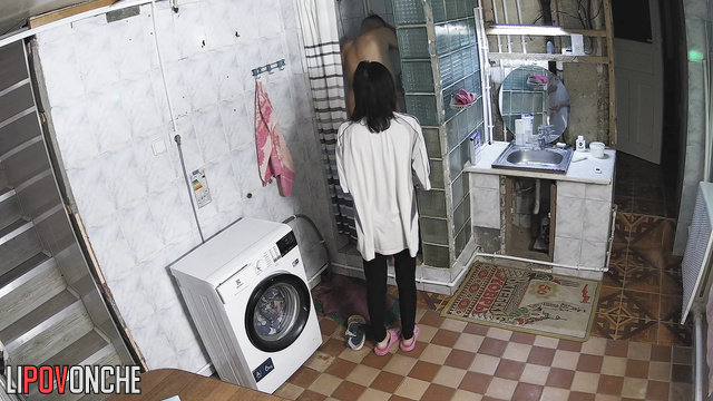 A skinny brunette peeps at her naked husband taking a shower