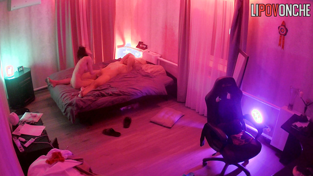 The husband pushes his thin wife onto the bed and pulls down her panties
