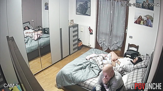 Chubby milf tries to seduce her bald husband with her naked pussy