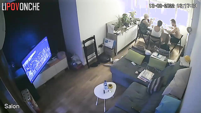 Pregnant mommy with big tits walks around in panties in front of guests