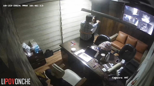 A bearded boss and his pretty secretary try out several positions on a leather sofa