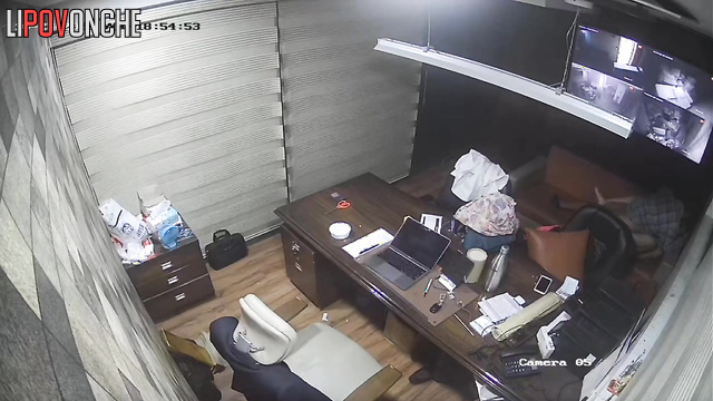 A bearded boss and his pretty secretary try out several positions on a leather sofa