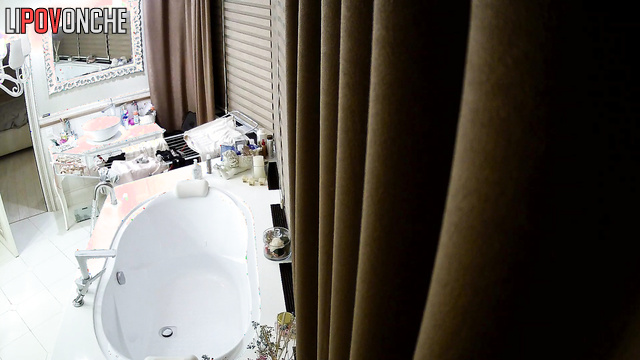 An elderly man and his young wife enter the bathroom naked after having sex