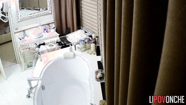 An elderly man and his young wife enter the bathroom naked after having sex