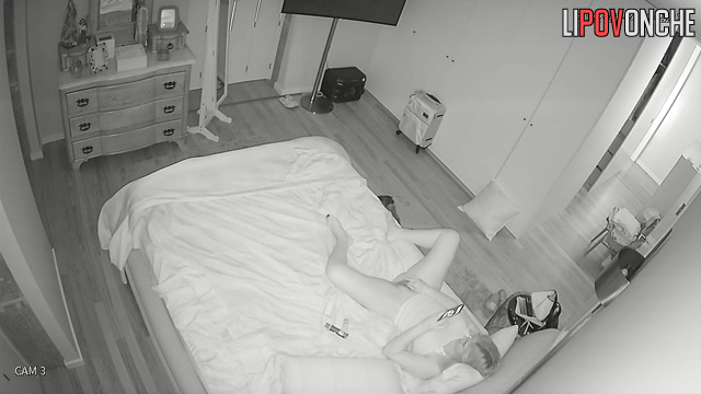 Chubby young lady watching porn and masturbating, look