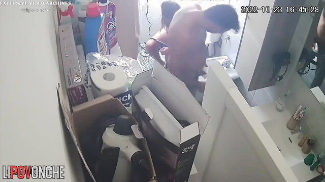 Two lesbians and their boyfriend pee in the toilet in front of each other