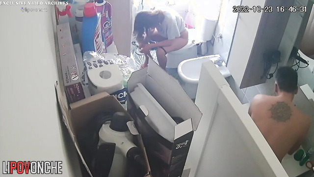 Two lesbians and their boyfriend pee in the toilet in front of each other