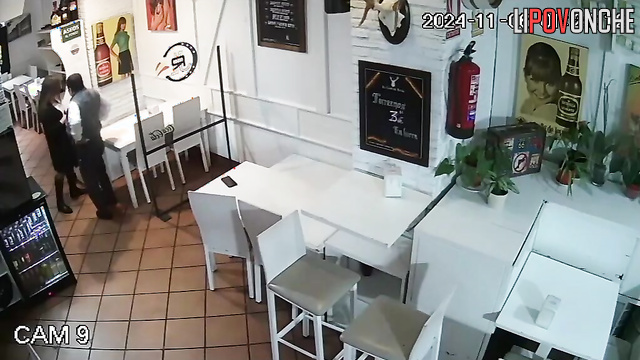 Boyfriend and girlfriend fucking in the closed cafe
