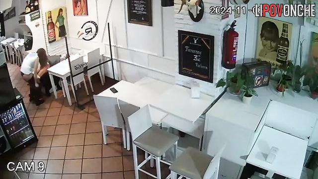 Boyfriend and girlfriend fucking in the closed cafe