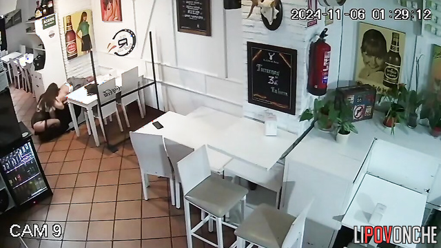 Boyfriend and girlfriend fucking in the closed cafe