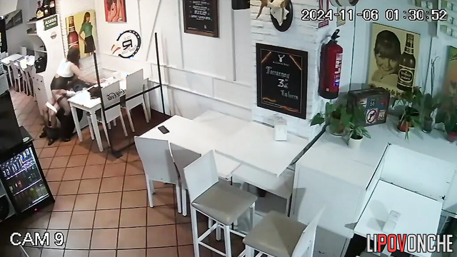 Boyfriend and girlfriend fucking in the closed cafe