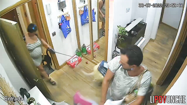 Pregnant woman, her husband and dog came back from a walk