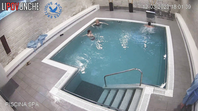 Grannies and milfs swimming together in a public pool (topless)