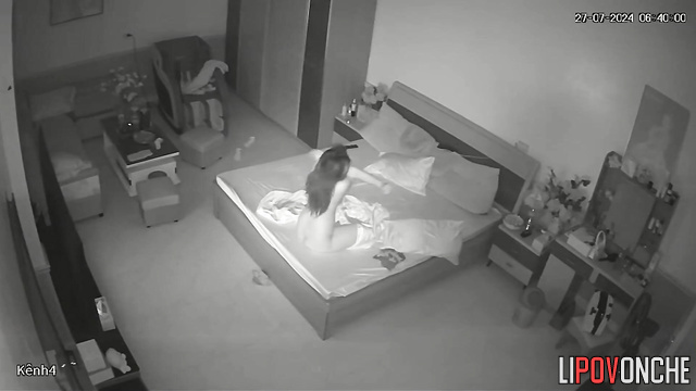 Beauty just woke up and is stretching / hidden cam