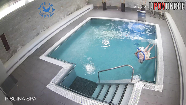 For some reason, granny swimming naked in the pool