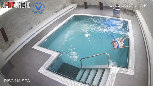 For some reason, granny swimming naked in the pool