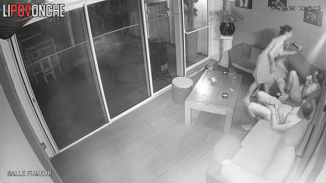 Swinger party on the balcony (one lady and many guys)