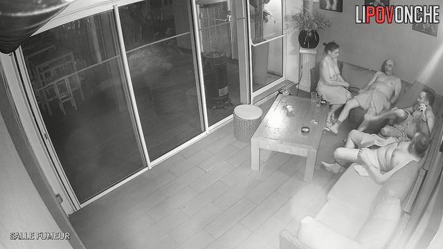 Swinger party on the balcony (one lady and many guys)
