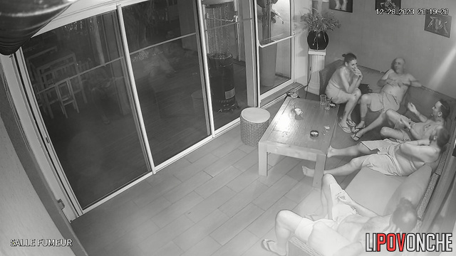 Swinger party on the balcony (one lady and many guys)