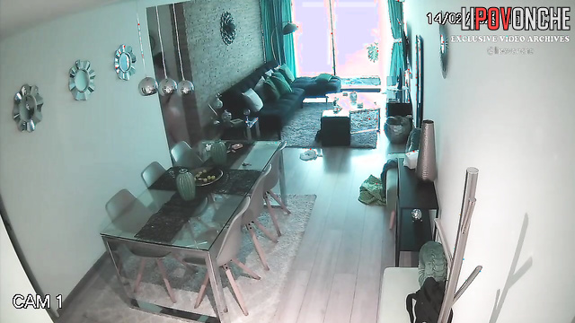 Husband hugging his naked wife after work / living room cam