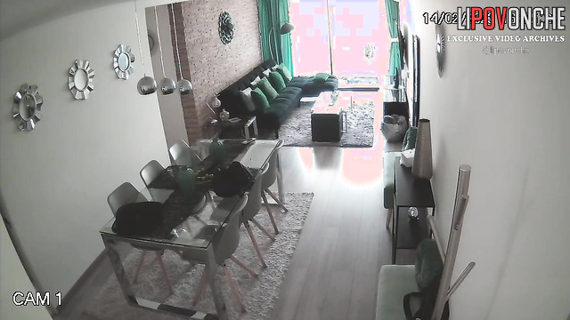 Husband hugging his naked wife after work / living room cam