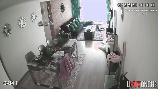 Beauty busty lady eating naked / living room solo