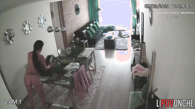 Beauty busty lady eating naked / living room solo