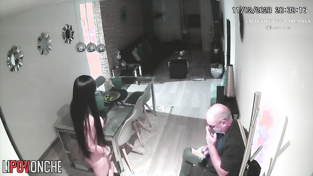 She sat naked and he stroked her legs, hidden camera